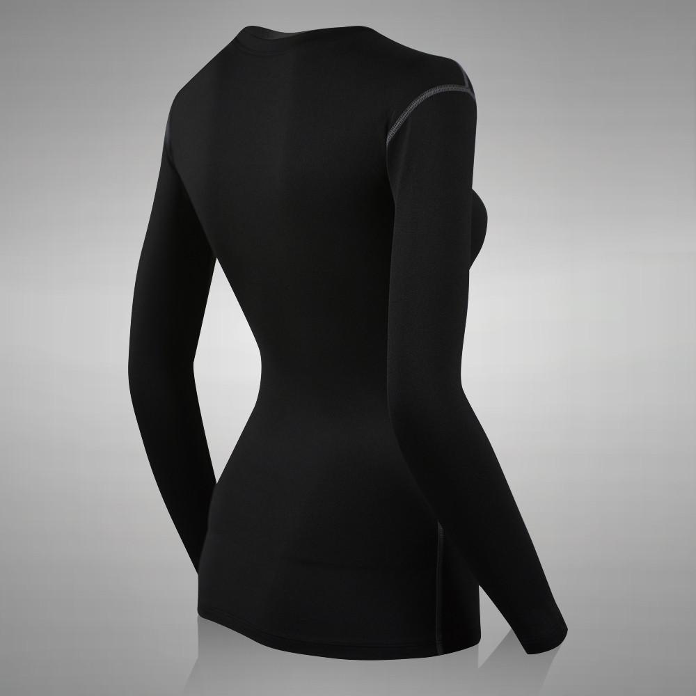Full length and short sleeve black athletic compression shirt, female  model, sleek and modern design, back view on Craiyon